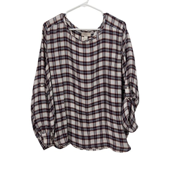 LOFT Outlet Pullover Plaid Long-Sleeve Rayon Blouse SZ L White & Multicolor - Picture 9 of 10